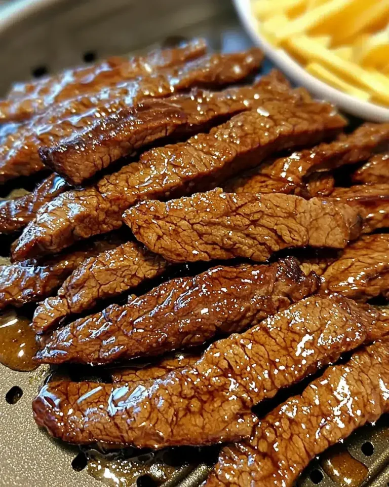 Air fryer honey glazed steak strips freshly cooked with a golden brown glaze