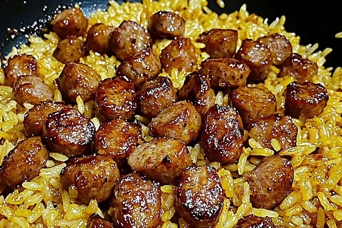 Busy Night? This One-Pan Sweet & Tangy BBQ Sausage Rice Is Your Delicious Lifesaver 1 Glazed sausage slices over BBQ rice in a one-pan dish