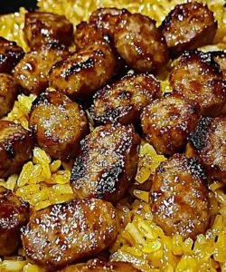 One-pan BBQ sausage and rice dish with golden crispy sausage