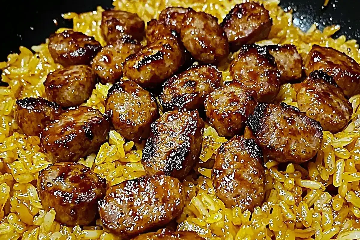 Busy Night? This One-Pan Sweet & Tangy BBQ Sausage Rice Is Your Delicious Lifesaver 2 One-pan BBQ sausage and rice dish with golden crispy sausage