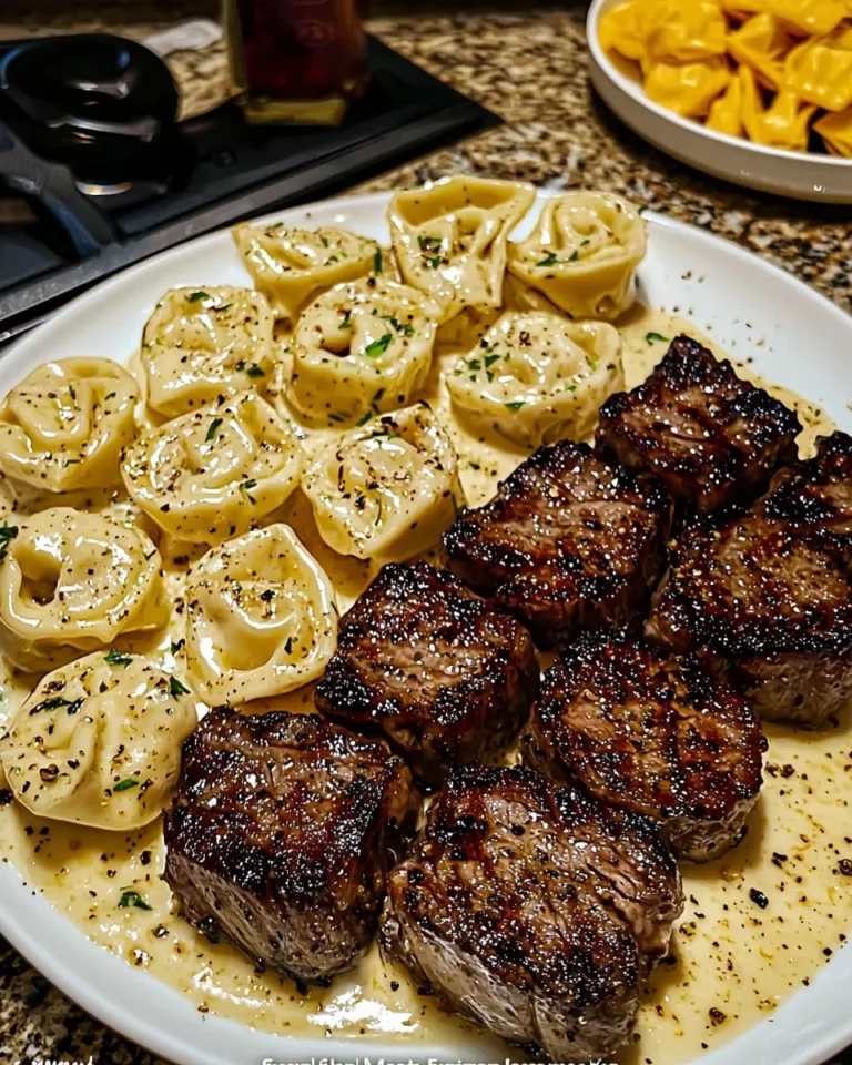 Garlic butter steak bites served with creamy pesto Alfredo tortellini on a white plate
