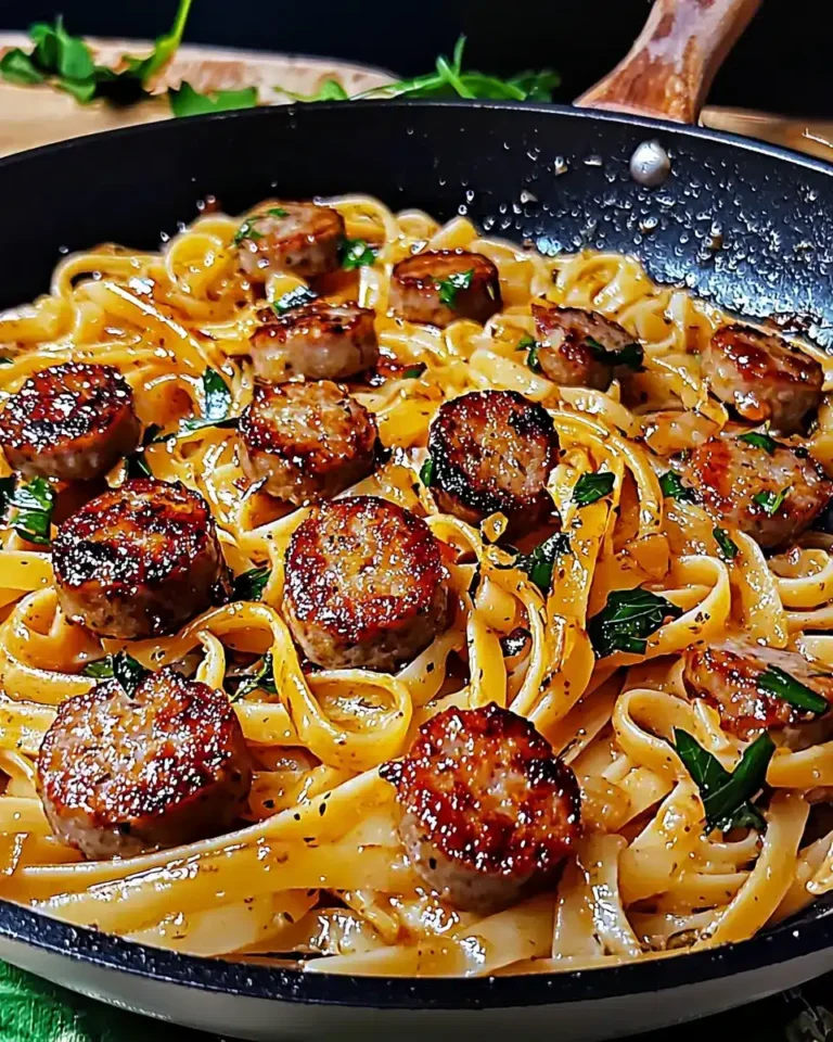 Sticky honey garlic sausage pasta in skillet with herbs and creamy sauce