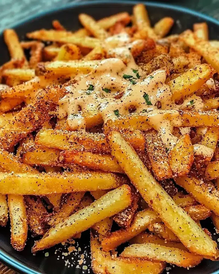 Louisiana Voodoo Fries topped with spicy seasoning and creamy voodoo sauce on a black plate