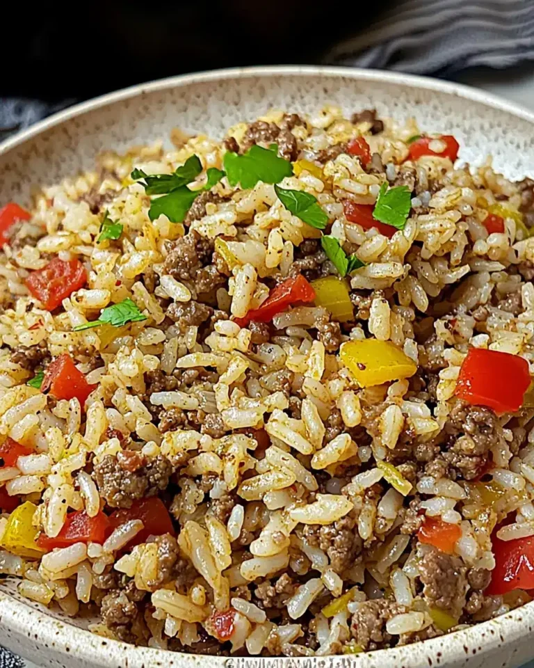 Close-up of dirty rice with ground beef, bell peppers, and green onions in a black bowl.