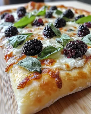 Freshly baked pizza topped with blackberries, ricotta cheese, melted mozzarella, and basil leaves on a wooden board.