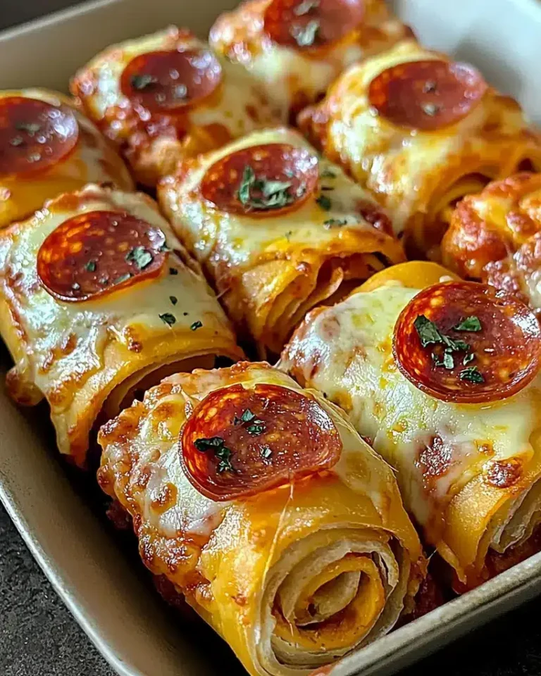 Cheesy Pepperoni Pizza Roll-Ups fresh out of the oven, topped with melted mozzarella and pepperoni slices.