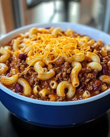 Bowl of Coney Chili Mac Casserole topped with shredded cheddar cheese
