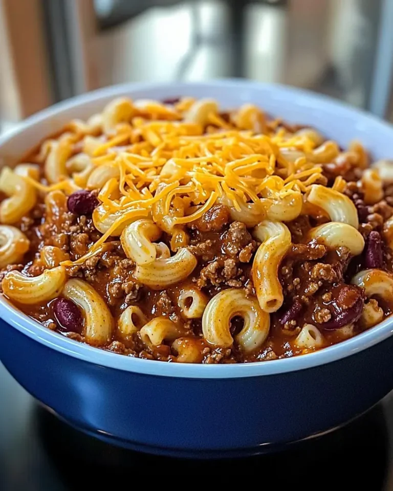 Bowl of Coney Chili Mac Casserole topped with shredded cheddar cheese