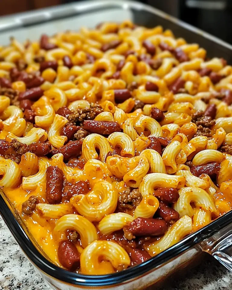 Loaded chili cheese dog pasta bake in a glass dish with elbow macaroni, chili, and melted cheddar cheese.