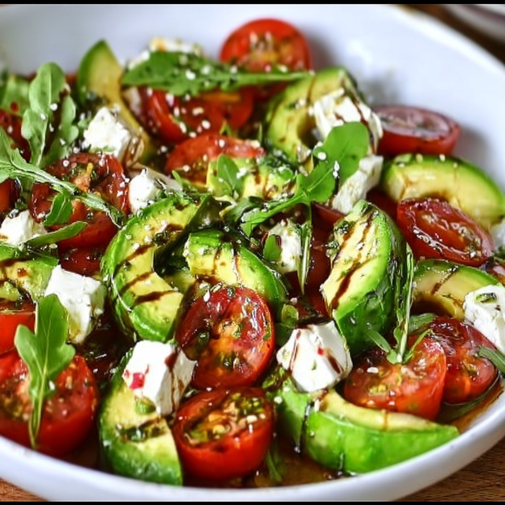 Salade fraîche d’avocat, tomate, concombre, feta & roquette