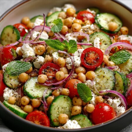 Salade pois chiches, feta, concombre et tomates cerises