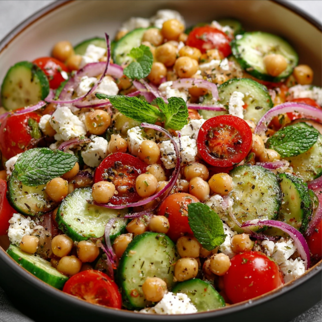 Salade pois chiches, feta, concombre et tomates cerises