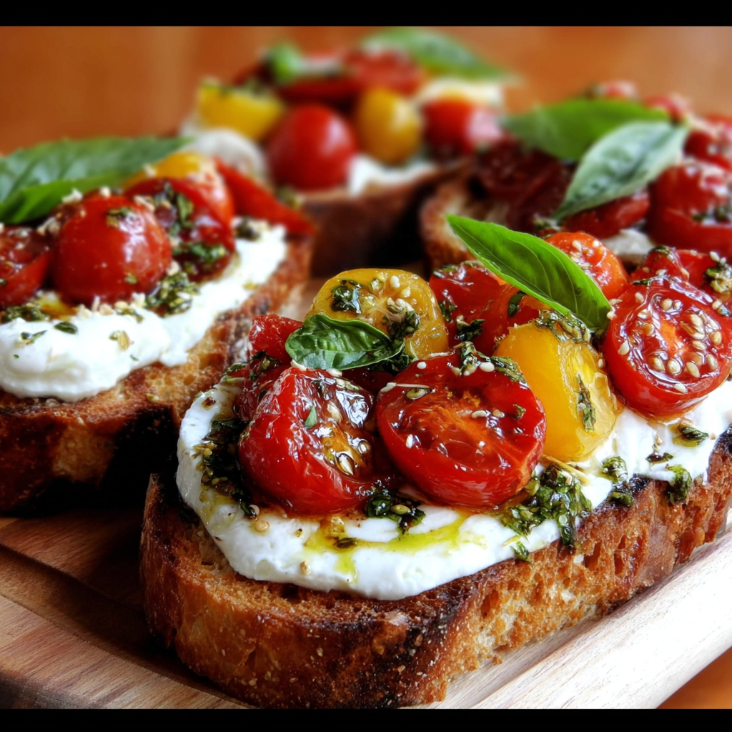 Tartines burrata, tomates marinées & basilic frais