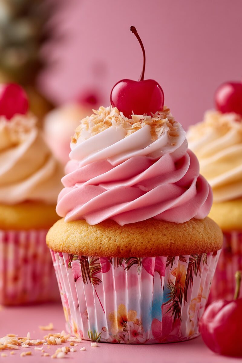 Bahama Mama Cupcakes: Tropical Pineapple-Coconut Cupcakes with Cherry-Rum Buttercream