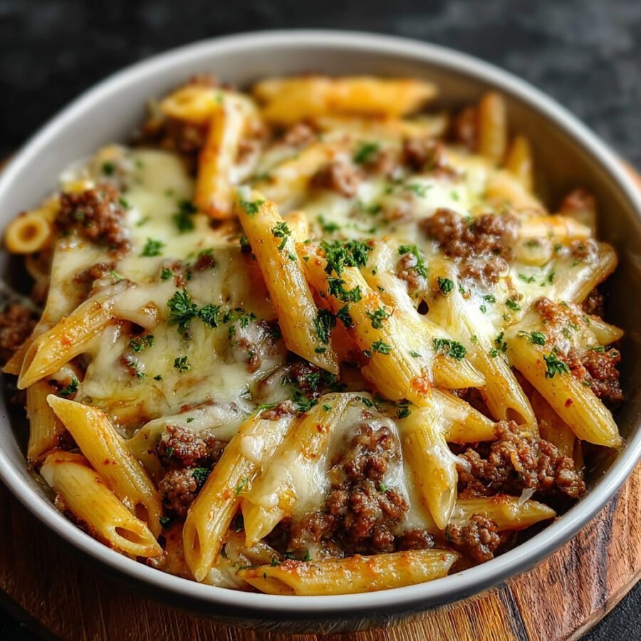 Cheesy Penne with Garlic Butter Ground Beef