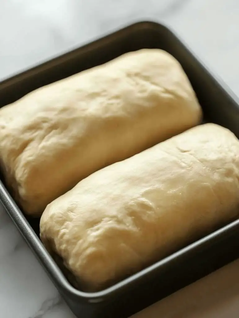 Punch down dough, divide into 3 parts, shape, and place into a greased loaf pan.