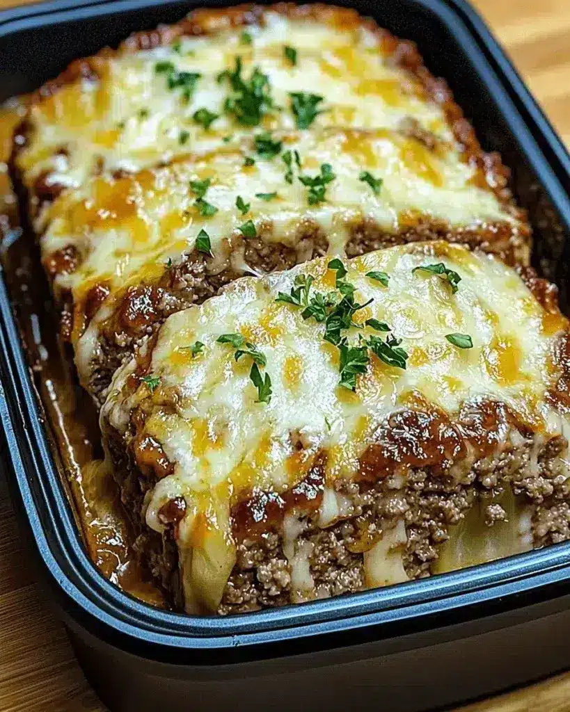 French Onion Meatloaf topped with melted cheese and fresh parsley in a black baking dish