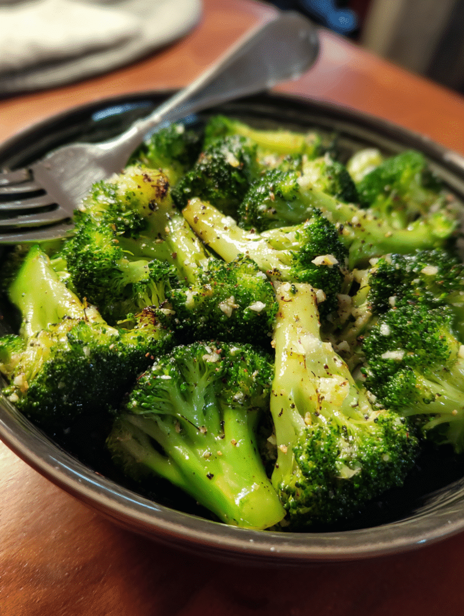 Tray of roasted broccoli florets seasoned with garlic and lemon, served as a vibrant, healthy side dish.