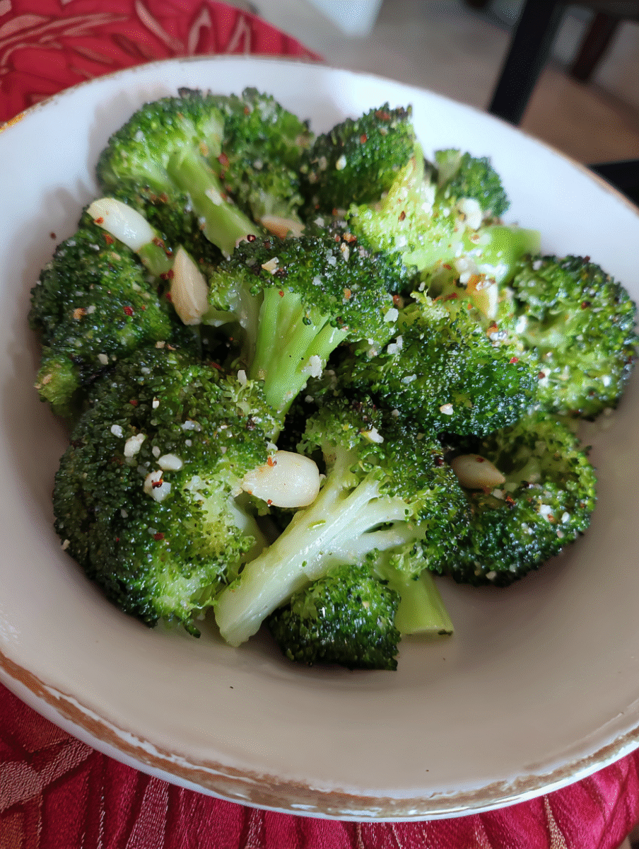 Close-up of garlic lemon roasted broccoli, golden and crispy on the edges, served as a simple and healthy vegetable side dish.