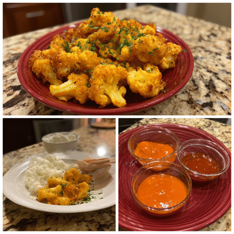 Crispy cauliflower buffalo wings covered in spicy sauce, served with celery and ranch dipping sauce.