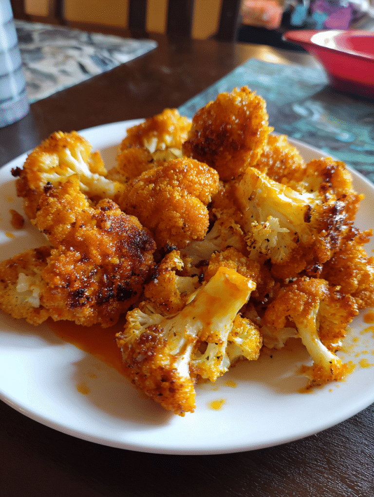 Crispy cauliflower buffalo wings covered in spicy sauce, served with celery and ranch dipping sauce.