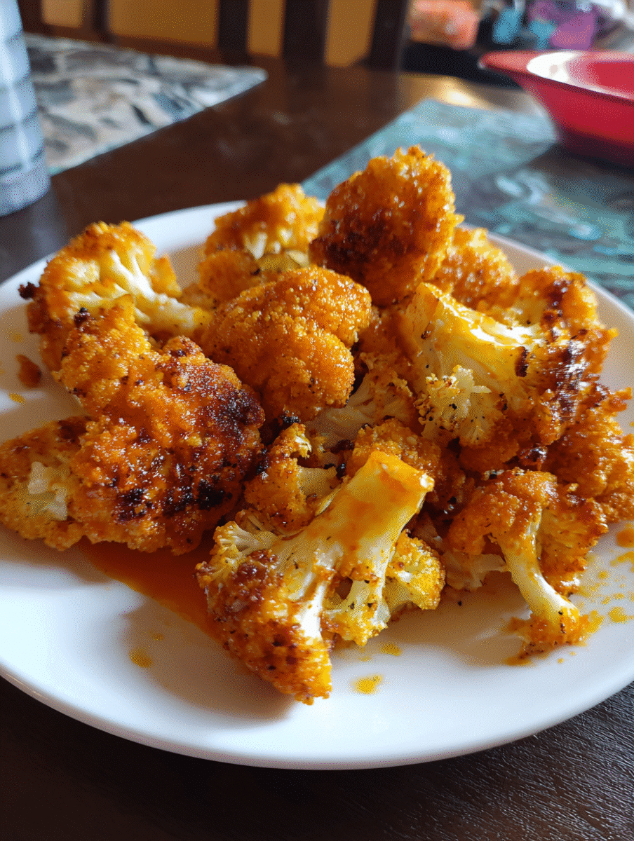 Close-up of crispy cauliflower buffalo wings coated in spicy buffalo sauce, served with celery sticks and dipping sauce.