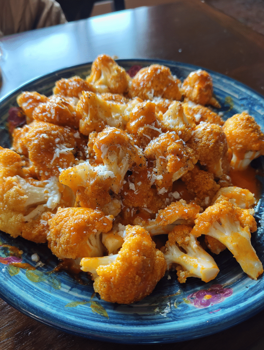 Crispy cauliflower buffalo wings covered in spicy sauce, served with celery and ranch dipping sauce.