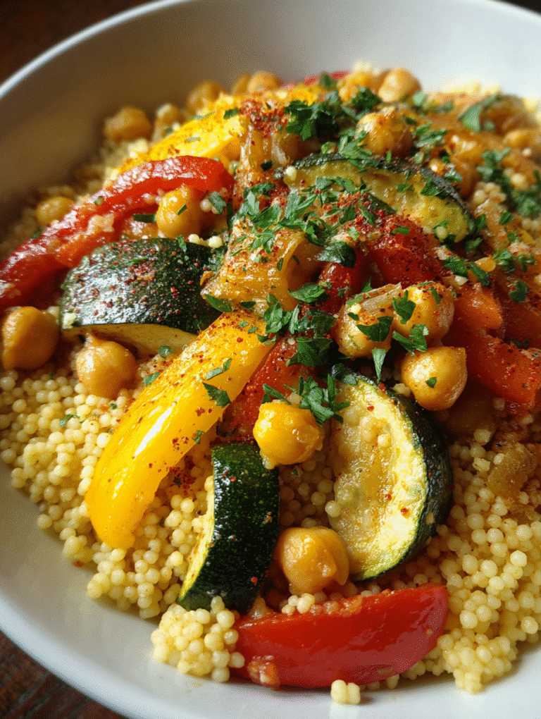 Bowl of couscous with roasted zucchini, peppers, and chickpeas, garnished with fresh herbs and served as a Mediterranean side dish.