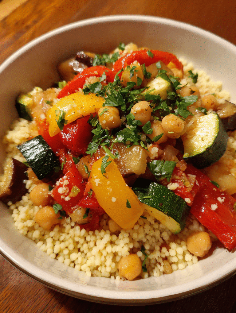 Bowl of couscous with roasted zucchini, peppers, and chickpeas, garnished with fresh herbs and served as a Mediterranean side dish.