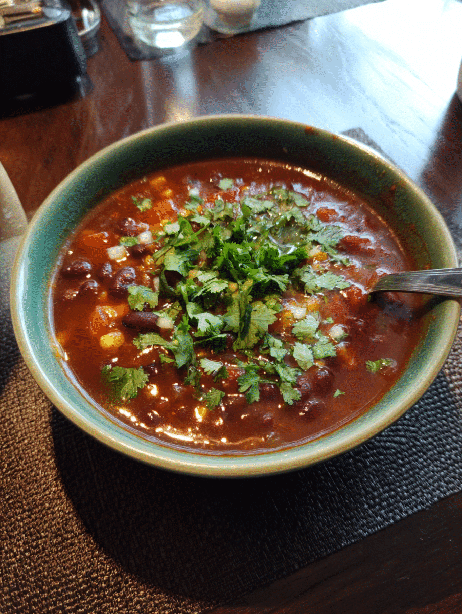 Close-up of a bowl of spicy black bean soup topped with avocado slices, cilantro, and lime wedges, served warm for a cozy winter meal.