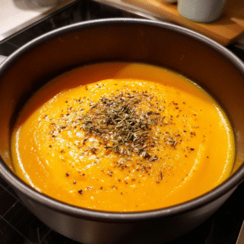 A warm bowl of creamy carrot ginger soup topped with fresh coriander and a swirl of coconut milk, served as a light, healthy lunch.