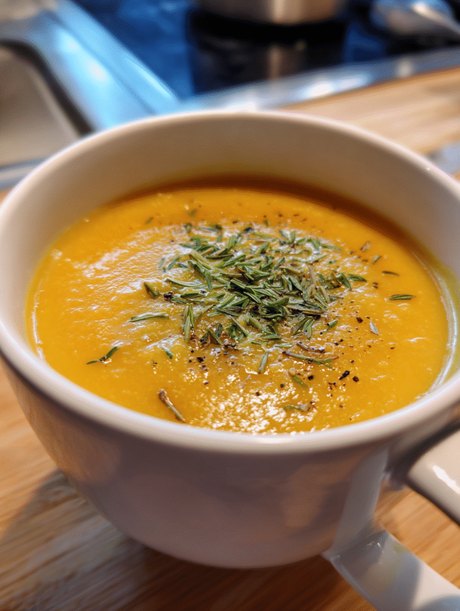 A warm bowl of creamy carrot ginger soup topped with fresh coriander and a swirl of coconut milk, served as a light, healthy lunch.