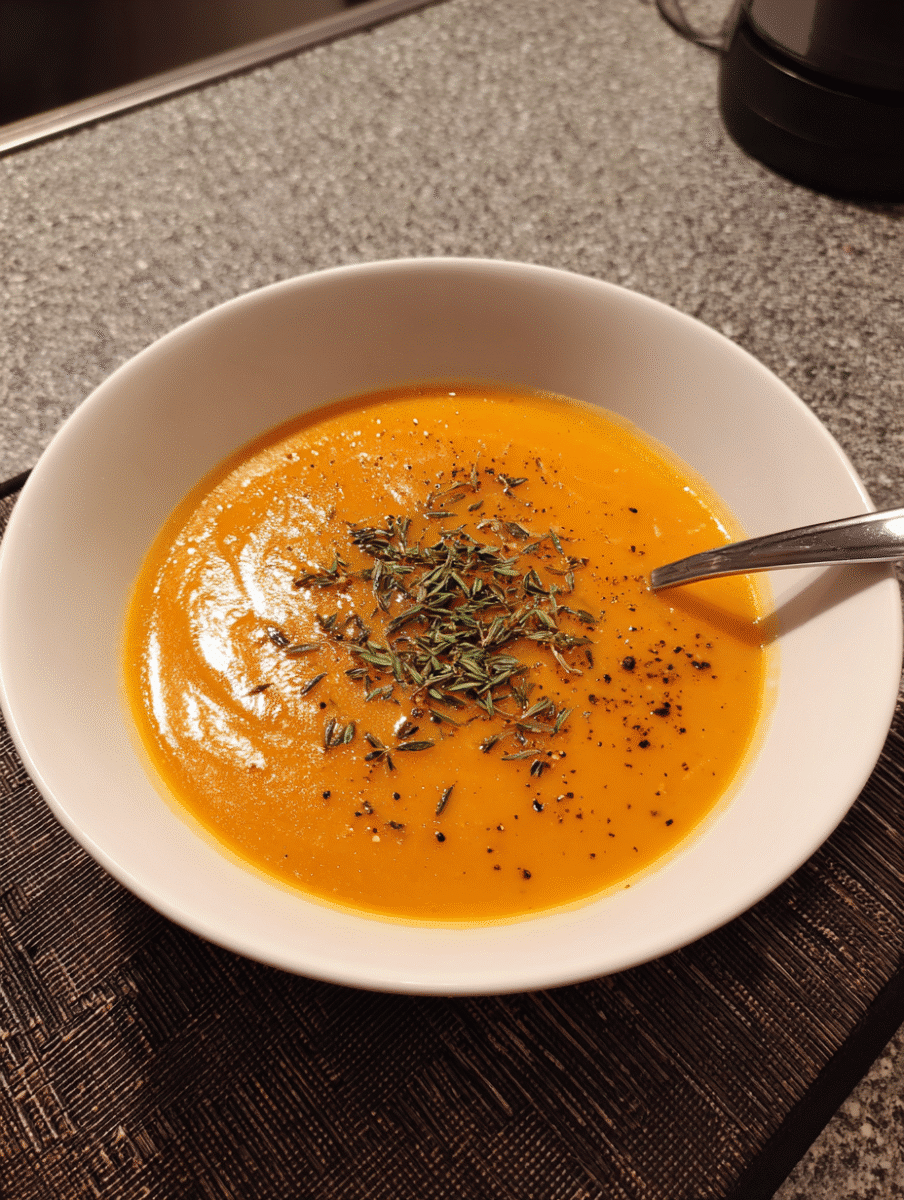 A bowl of creamy carrot ginger soup topped with fresh coriander and a drizzle of coconut milk, served with crusty bread for a light, cozy lunch.