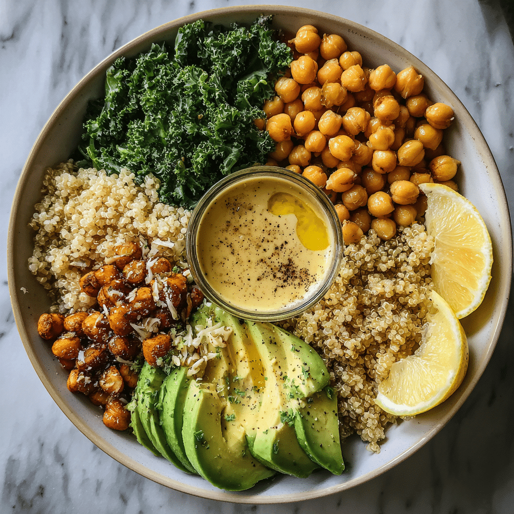 A colorful power bowl with quinoa, roasted chickpeas, fresh vegetables, and a zesty dressing, ready for meal prep or a healthy lunch.