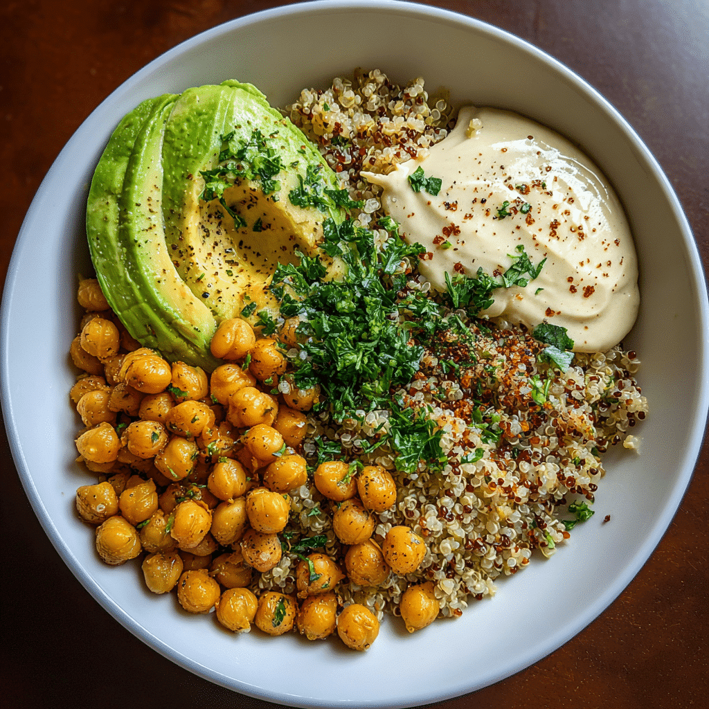 A colorful power bowl with quinoa, roasted chickpeas, fresh vegetables, and zesty dressing, served as a healthy and protein-packed meal prep option.