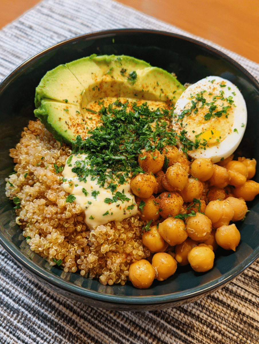Colorful chickpea and quinoa bowl with fresh vegetables and zesty dressing, served as a healthy, protein-packed meal.