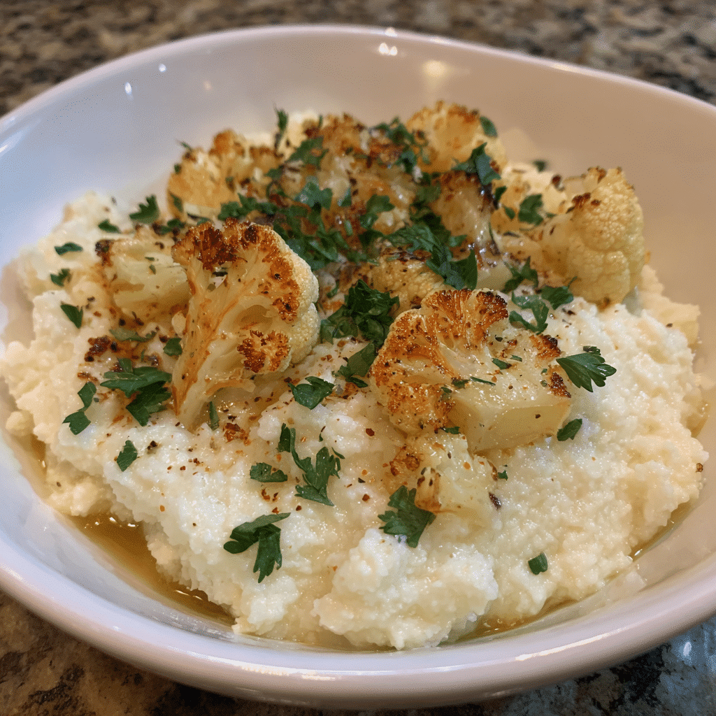 A bowl of creamy roasted garlic mashed cauliflower, garnished with herbs, served as a low-carb, healthy side dish.