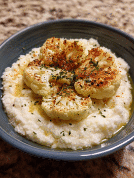A vibrant bowl of roasted garlic cauliflower mash, creamy and smooth, served as a nutritious low-carb side dish.