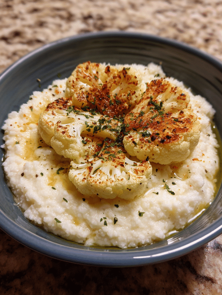 A vibrant bowl of roasted garlic cauliflower mash, creamy and smooth, served as a nutritious low-carb side dish.