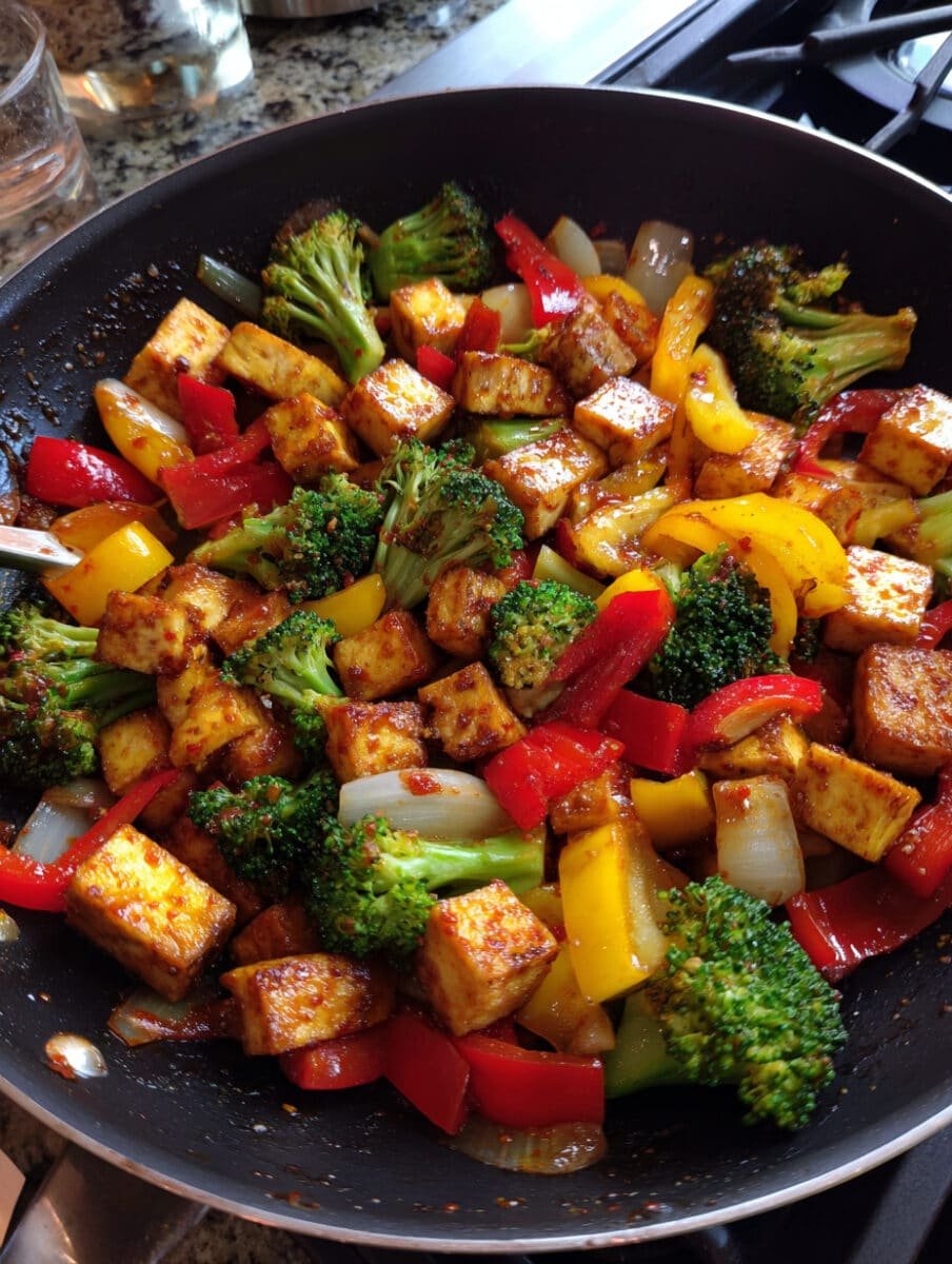 Crispy tofu stir-fried with colorful vegetables in a glossy sweet chili sauce, served as a vibrant Asian-inspired dinner.