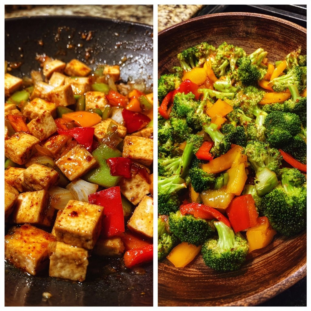 Sweet chili tofu stir-fry with colorful vegetables coated in a spicy-sweet glaze, served as a quick Asian-inspired dinner.