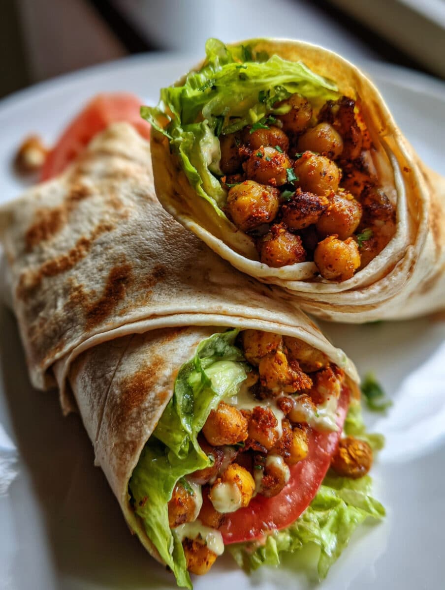 A spicy chickpea wrap with fresh vegetables and creamy tahini sauce, served as a quick, healthy, protein-rich vegan lunch.