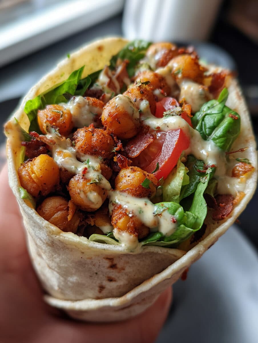 A colorful vegan chickpea wrap filled with spiced chickpeas, fresh vegetables, and tahini sauce, served as a healthy lunch option.