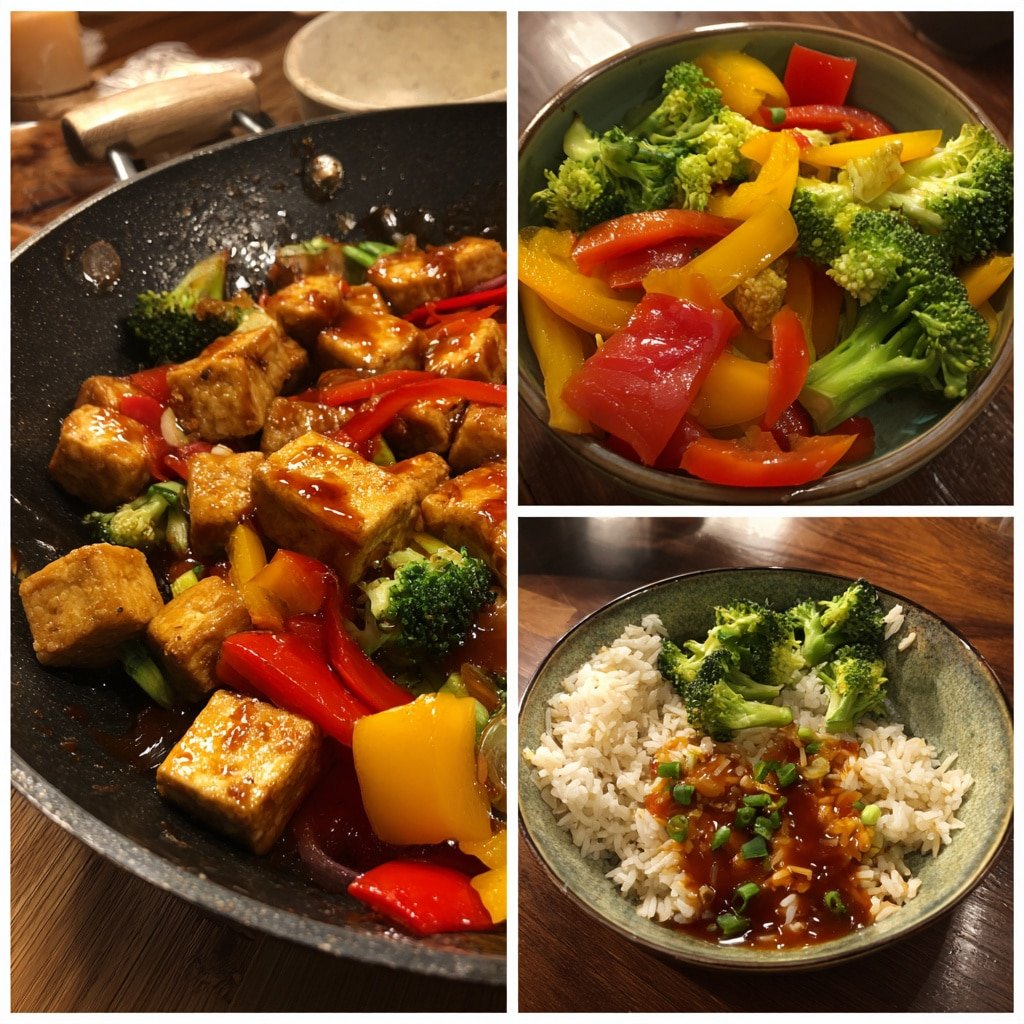 A skillet of sweet chili tofu stir-fry with colorful vegetables, coated in a glossy chili sauce, served as a quick and flavorful Asian dinner.