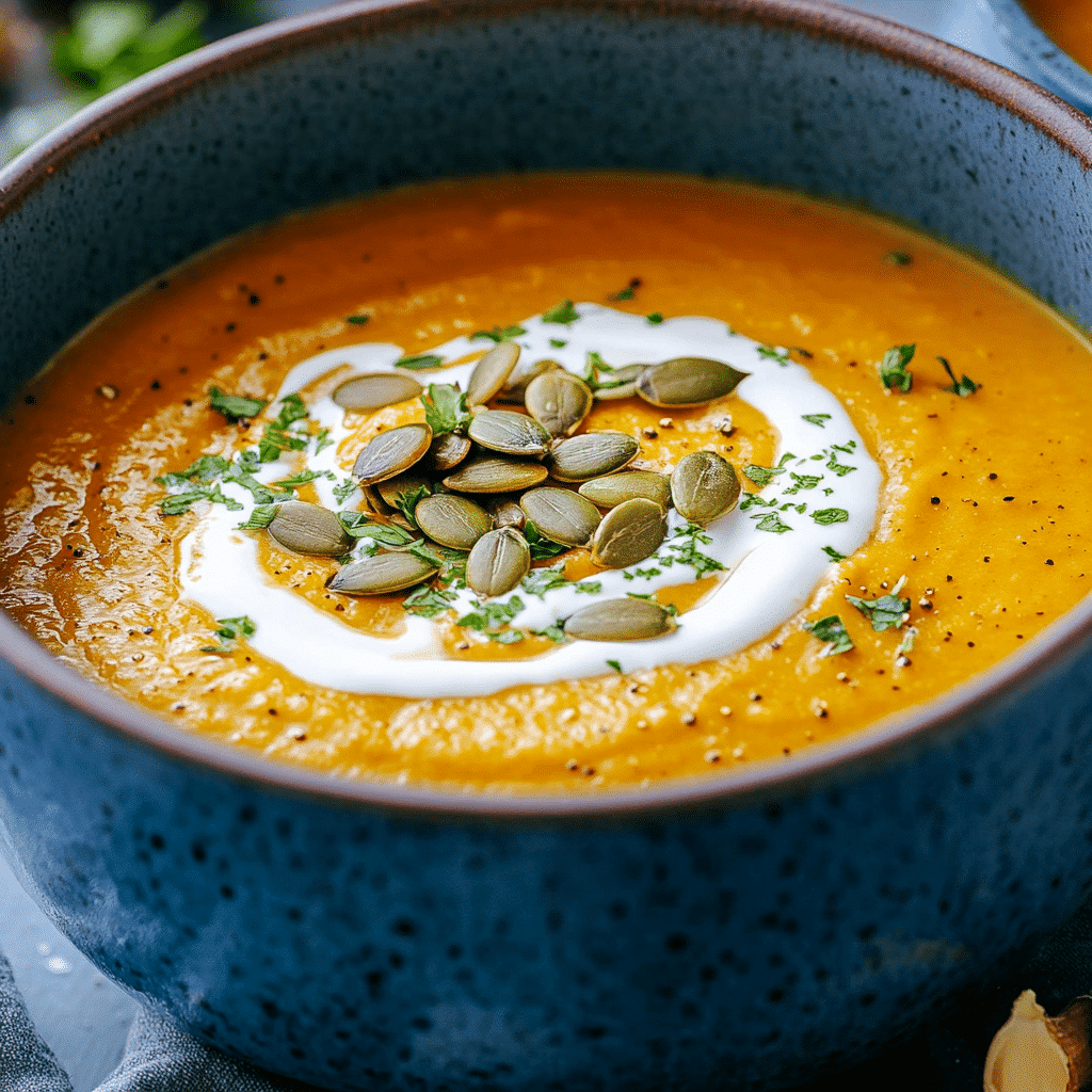 Bowl of luscious creamy pumpkin soup served with herbs and bread, a cozy autumn dinner idea.