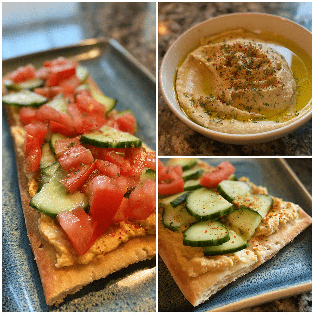 Flatbread topped with hummus, cucumber, tomato, and chickpeas – a quick Mediterranean lunch idea