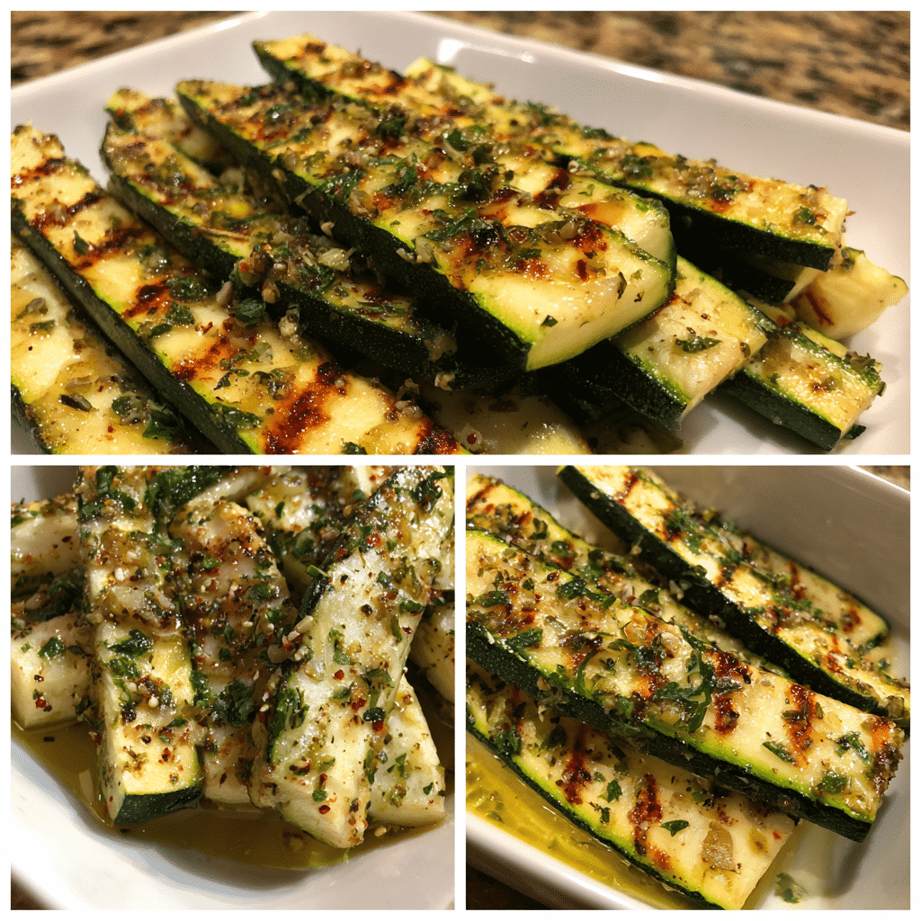 Grilled zucchini slices with lemon and herbs served as a fresh and healthy summer side.