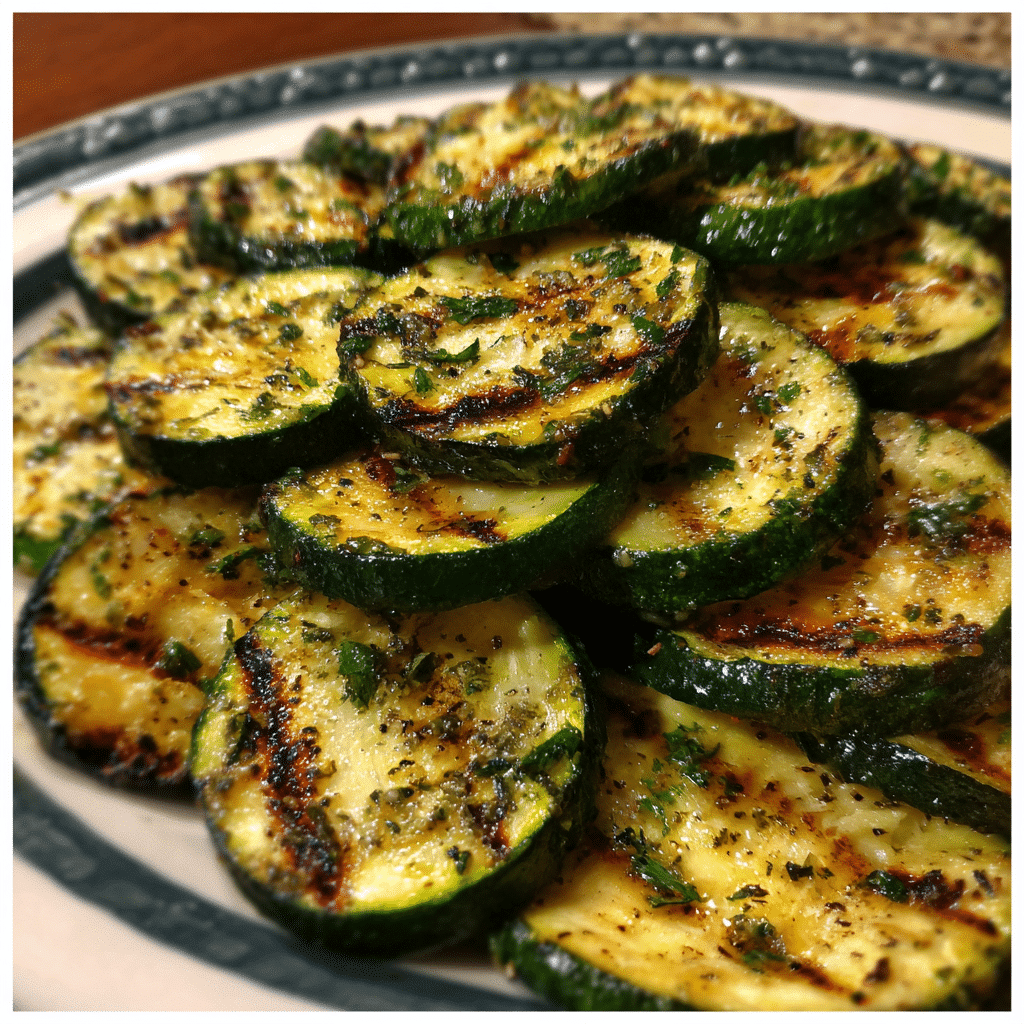 Grilled zucchini with lemon and herbs served as a fresh, healthy, and easy summer side dish.