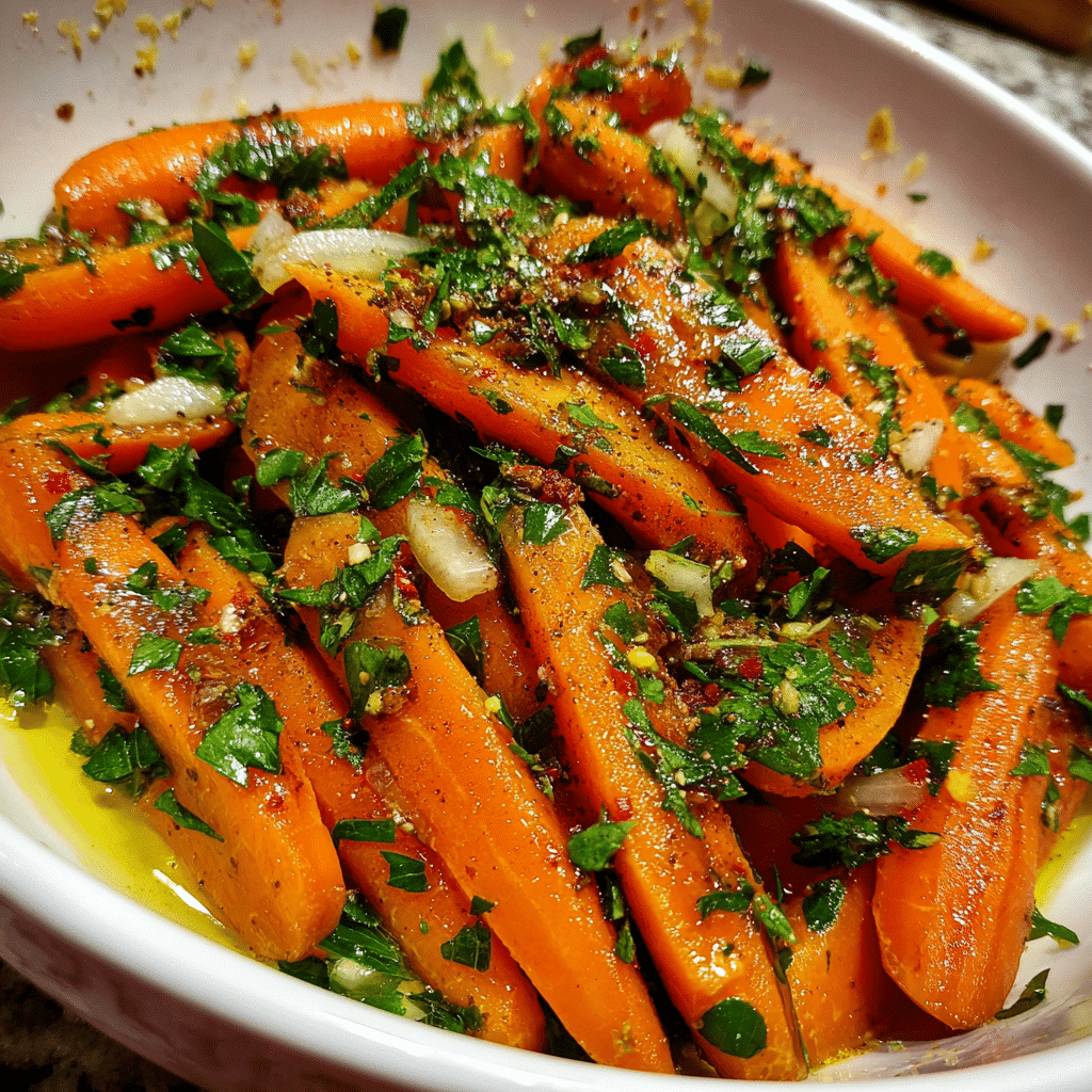Bowl of Moroccan carrot salad with cumin, parsley, and lemon – a fresh and fragrant cold side dish.