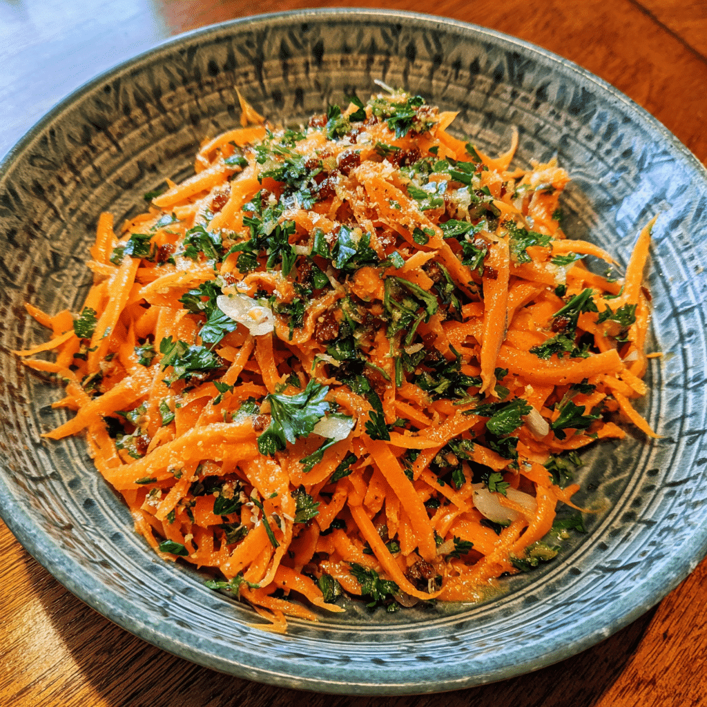 A colorful Moroccan carrot salad with lemon, cumin, garlic, and parsley, served as a refreshing side dish.